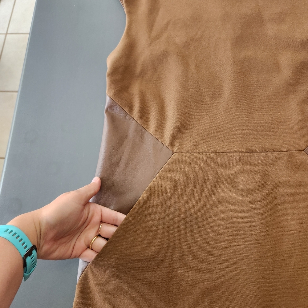 Lafayette 148 New York Sz 6 Dress Brown Genuine Leather Trim Pockets Sleeveless - Picture 3 of 12